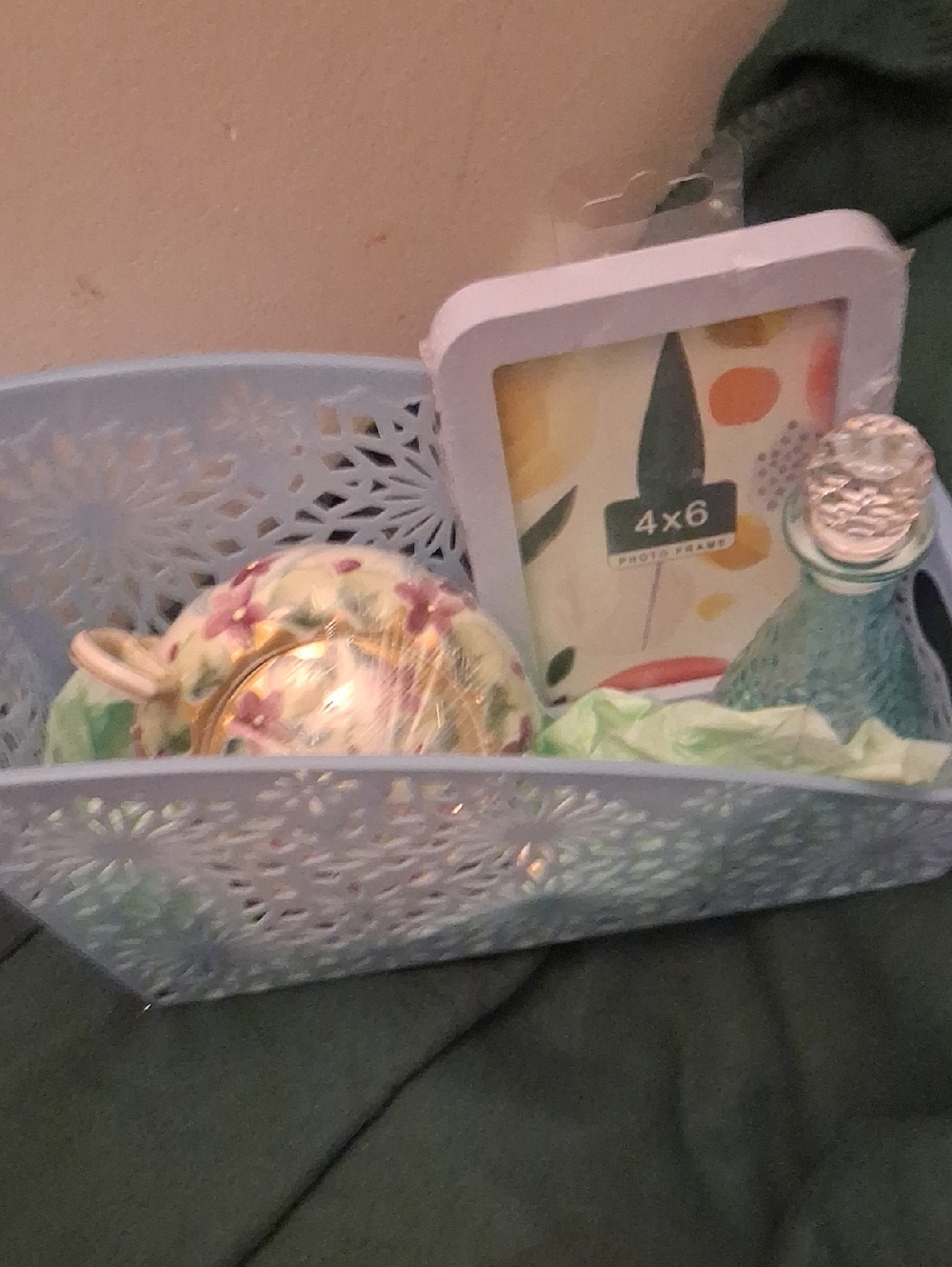 Decorative Light Blue Floral Basket with Trinkets,tea pot,and perfume bottle